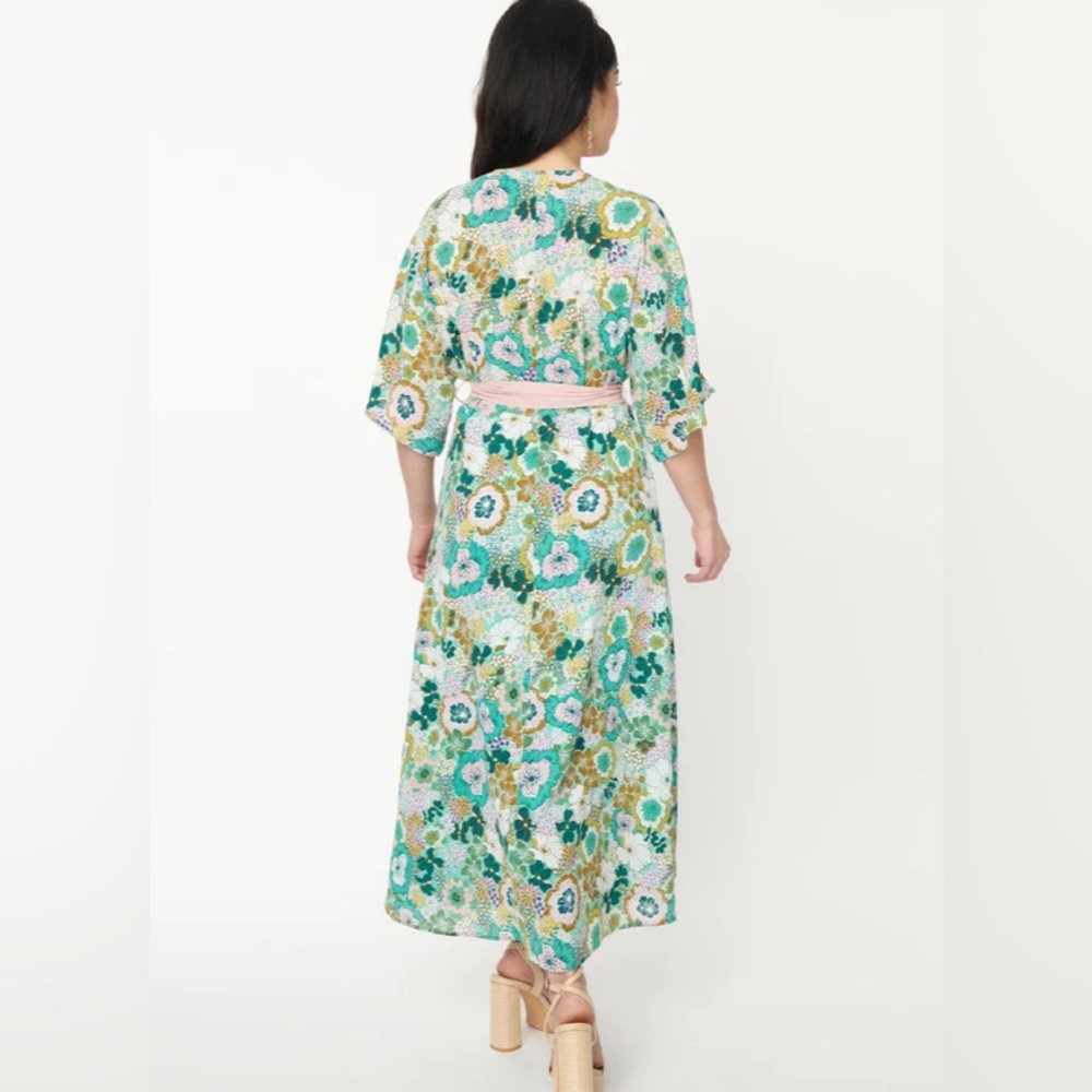 Unique Vintage NWT Mint Green & Pink Floral Wrap Kimono Style Midi Dress - Picture 4 of 6